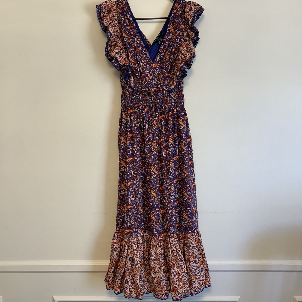 FRENCH CONNECTION Anathia Blaire Ruffled Midi Dress US 4 Floral Blue Orange